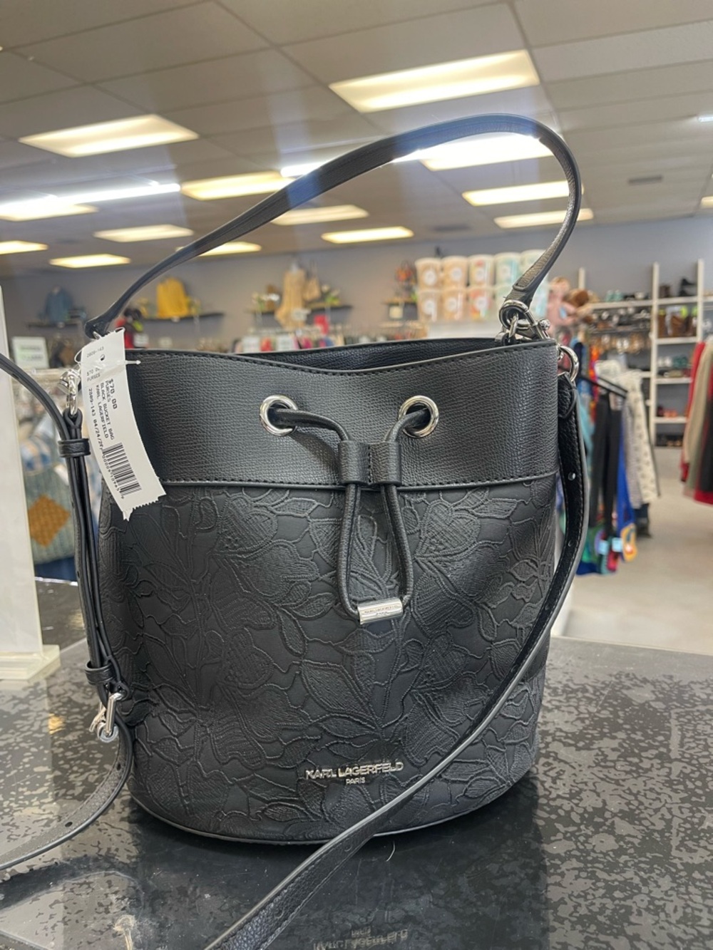 Karl Lagerfeld Black Embossed Floral Bucket Shoulder Bag